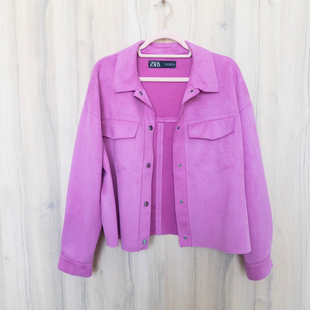 Zara Womens Faux Suede Jacket L Pink Snap Button Shacket Overshirt Barbiecore